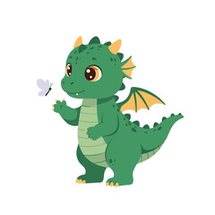 Obraz premium Friendly Dragon: A charming, green cartoon dragon, exudes innocence and friendliness as it interacts with a butterfly. A perfect illustration of imagination.