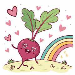 Turnip Cartoon Cute Beet with Heart-Shaped Eyes Throwing Love – Adorable Vector Vegetable Character Design