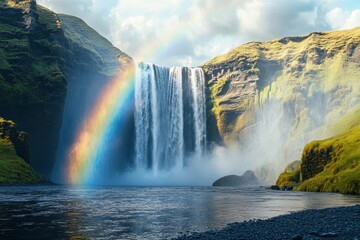 Majestic waterfall cascading with a vibrant rainbow in a lush green landscape