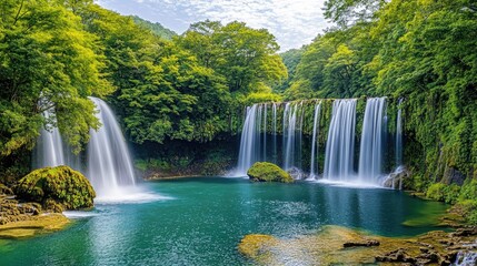 Fototapeta premium Lush waterfall cascading into a tranquil pool nestled within a vibrant forest