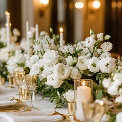 Elegant white floral centerpieces adorn a lavish wedding reception table.