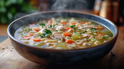 Comforting Chicken Noodle Soup With Steam In A Dark Bowl On A Wooden Table. Warm, Healthy, And Homemade.