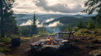 A scenic mountaintop campfire, with a view of rolling hills and a cloudy sky.