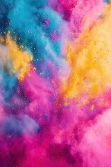 Fototapeta premium A dynamic capture of bright Holi powder bursting into the air, with vibrant clouds of pink, blue, yellow, and purple filling the frame.