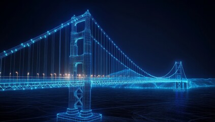Obraz premium Digital, glowing wireframe of a suspension bridge at night