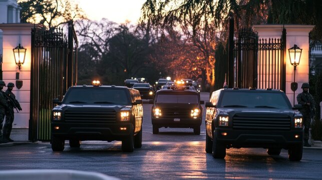 Motorcade exiting secure government building at dusk