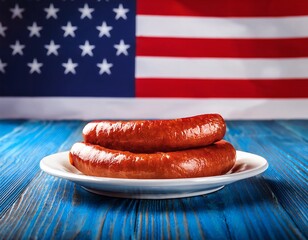sausage on a wooden table with American flag in the background