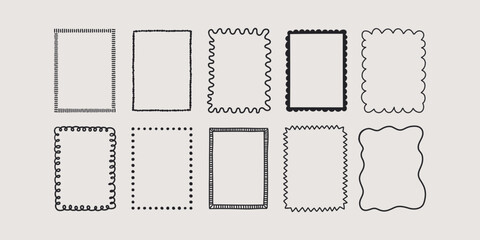 Set of whimsical hand-drawn frames with wavy squiggle curly ribbons in trendy, vintage styles. Vector playful border frames for trendy invitations, cards