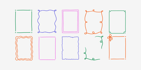 Set of whimsical hand-drawn frames with wavy squiggle curly ribbons in trendy, vintage styles. Vector playful border frames for trendy invitations, cards