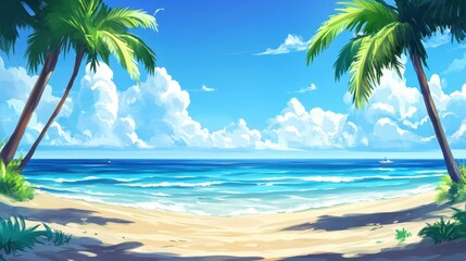 Obraz premium Crystal blue tropical sea meeting soft sand with leaning palms under a perfectly clear sunny sky