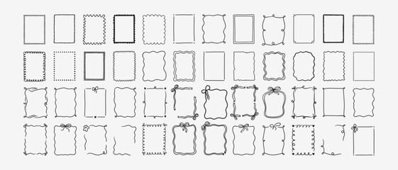 Set of whimsical hand-drawn frames with wavy squiggle curly ribbons in trendy, vintage styles. Vector playful border frames for trendy invitations, cards