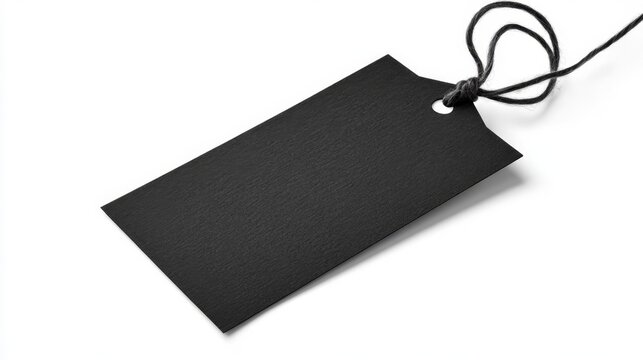 Black blank paper tag with fabric string on white background, minimal design concept.