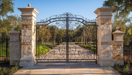 Fototapeta premium Ornate wrought iron gate opening to a tree lined driveway