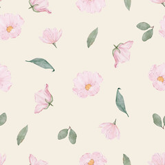 Botanical watercolor seamless pattern with pink roses. Floral pastel background. Delicate floral and herb illustration.	
