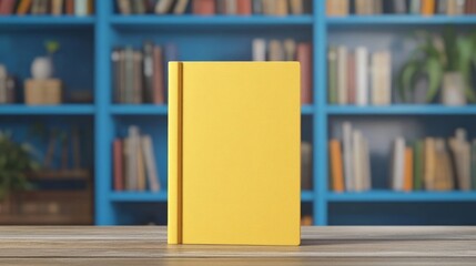 Bright yellow book standing on wooden table with blurred bookshelf background.