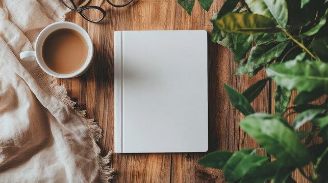 Minimal white notebook with coffee cup and cozy setup on wooden table top view.