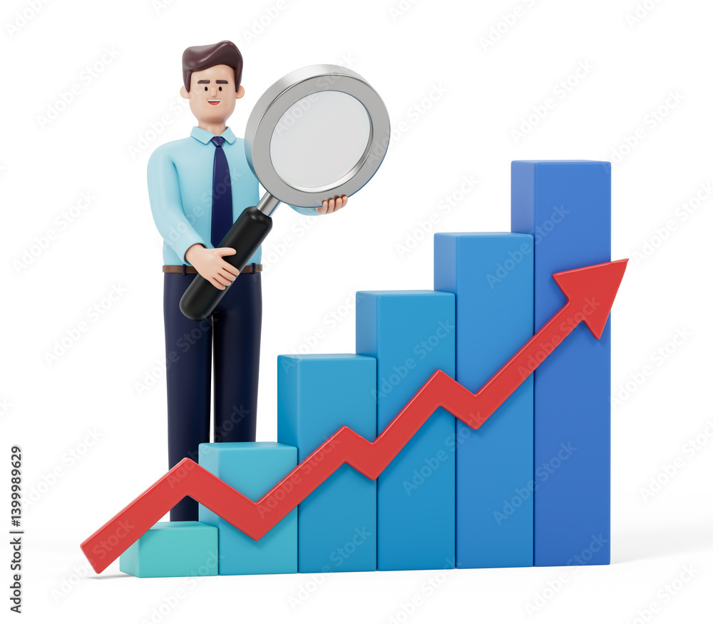Poster a man holds a magnifying glass over a graph, symbolizing analysis or scrutiny of growth. 3d renderin