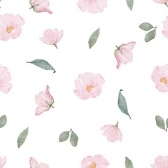 Botanical watercolor seamless pattern with pink roses. Floral pastel background. Delicate floral and herb illustration.	
