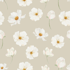 Botanical watercolor seamless pattern with white roses. Floral pastel background. Delicate floral and herb illustration.	
