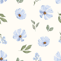 Botanical watercolor seamless pattern with blue flowers. Floral pastel background. Delicate floral and herb illustration.	
