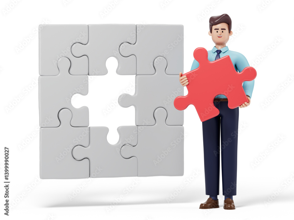 Poster a man holds a red puzzle piece next to a puzzle, symbolizing problem-solving or completing a task. 3