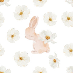 Botanical watercolor seamless pattern with white roses and bunny. Floral pastel background. Delicate floral and herb illustration.	

