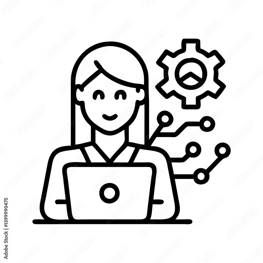 Poster female developer working on laptop with ai integration for software engineering tasks online
