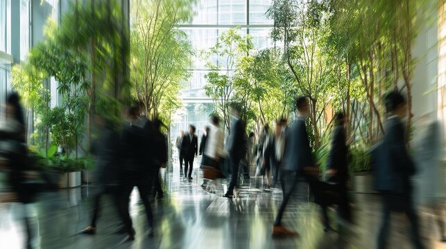 Abstract Long Exposure Motion Blur of Busy Urban Crowd in Office Space
