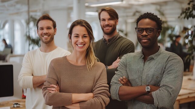 Diverse Multinational Team Standing in Modern Office Workspace