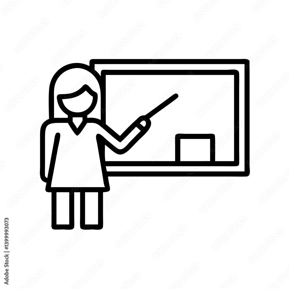 Poster teacher teaching with pointer at whiteboard vector icon illustration for education design and learni