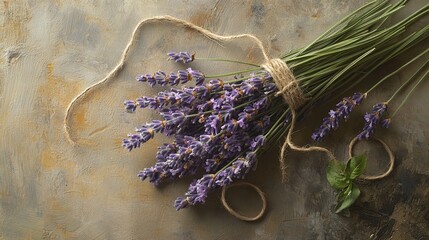 A flat lay of freshly picked lavender tied with twine for aromatherapy services. background
