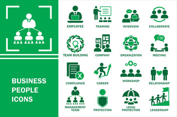 Business people icon set. Collection of team, leadership, workshop, employee, career and more. Vector illustration. Easily changes to any color.