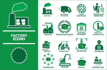 Factory icon set. Containing industry, production, machine, manufacture, warehouse, fabrication, goods and more. Solid vector icons collection.