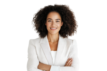 Confident smiling businesswoman in white suit with curly hair crossing arms isolated on transparent background