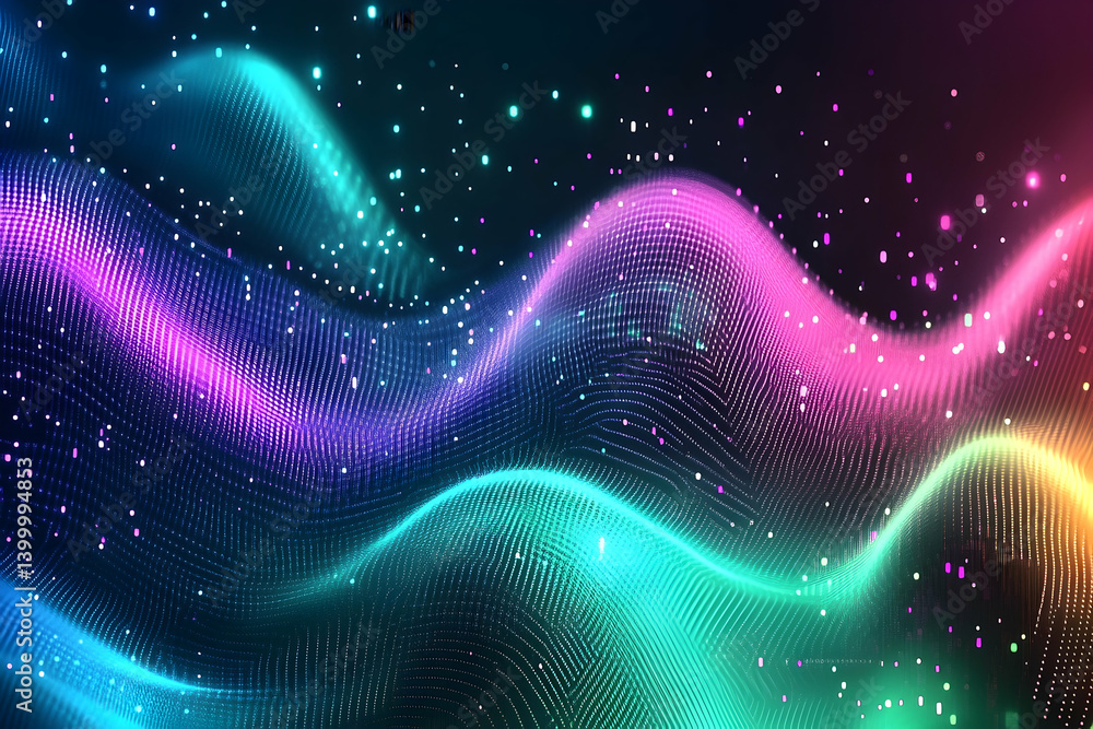 Poster a vibrant abstract display of glowing, interconnected particles creating flowing, wave-like patterns