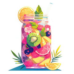 Refreshing fruit drink jar kitchen digital illustration bright colors top view
