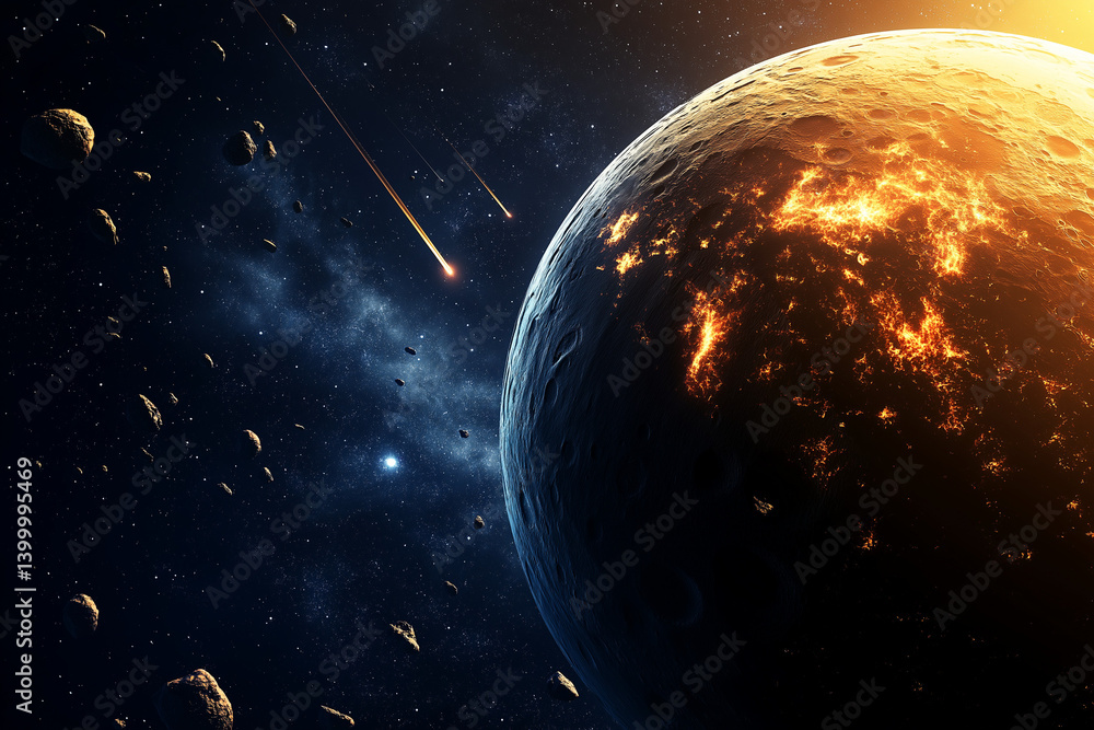 Poster space and planet background. planets surface with craters, stars and comets in dark space. vector il