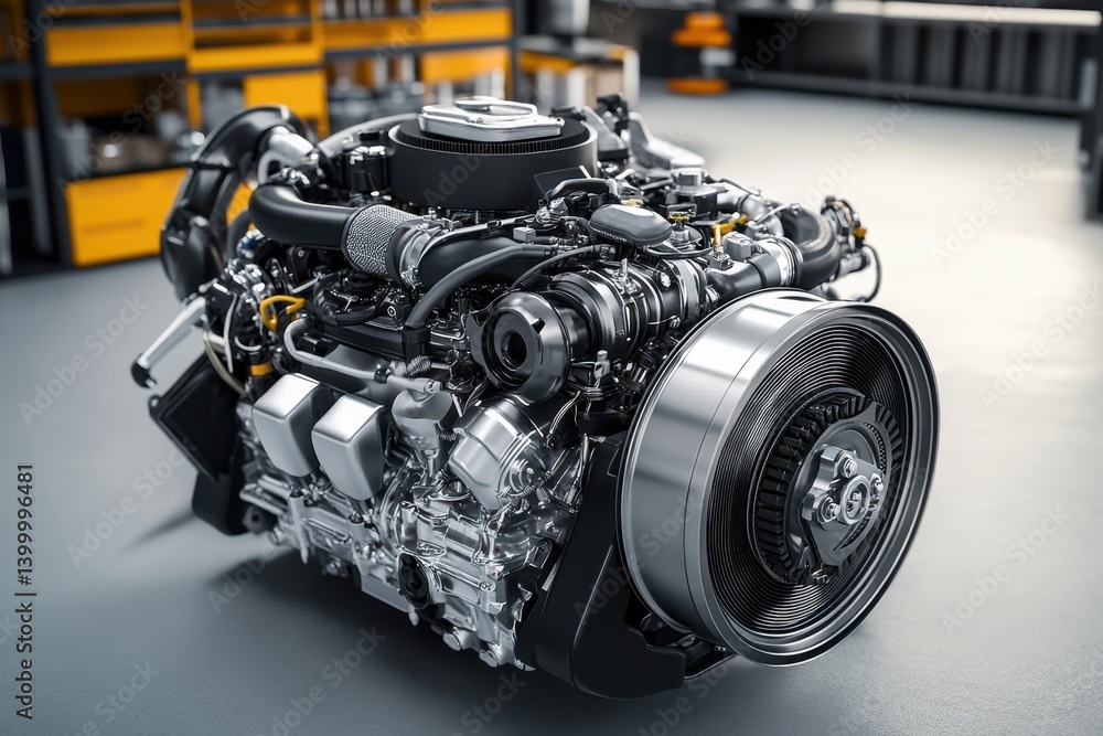 Poster engine assembly displayed in a workshop during daylight showcasing intricate mechanical details