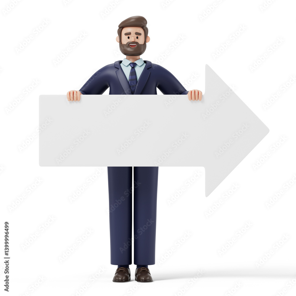 Poster businessman holds a blank arrow sign, symbolizing direction or guidance. 3d rendering, conceptual im