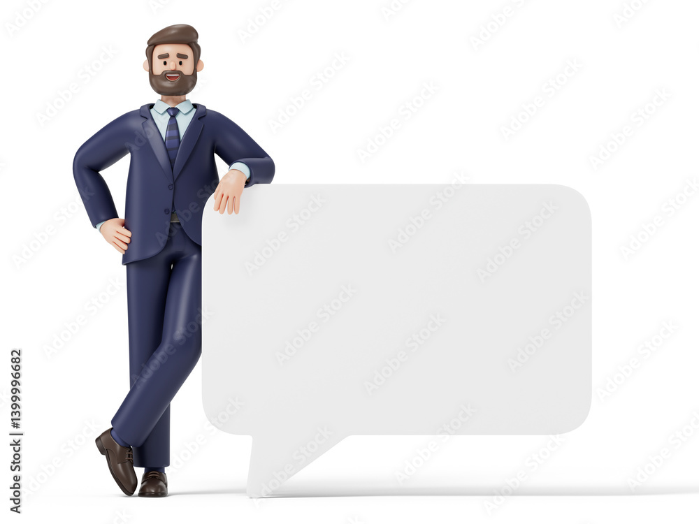 Poster man leans on a speech bubble, symbolizing communication or announcement readiness. 3d rendering, con