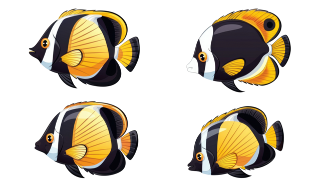 Colorful tropical fish illustrations featuring vivid patterns and shapes on a transparent background in a playful and artistic style