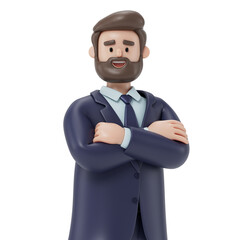 A man with arms crossed, symbolizing confidence or self-assuredness. 3d rendering, conceptual image. Isolated on white background.