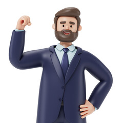A man raising his right fist, symbolizing strength and confidence in success. 3d rendering, conceptual image. Isolated on white background.