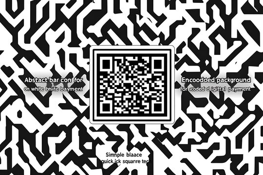 A black and white abstract design featuring a QR code surrounded by a maze-like pattern, creating a tunnel effect