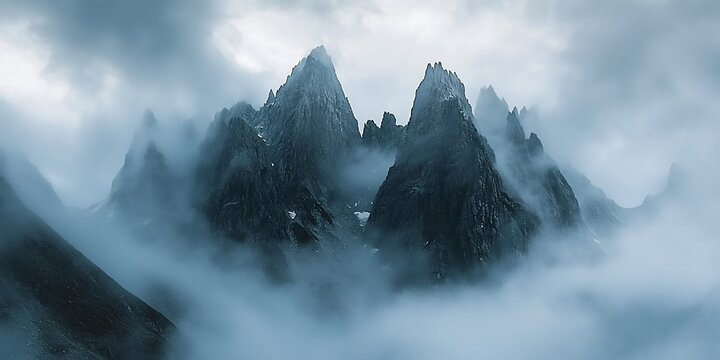 Stunning mountain range emerging from thick clouds with jagged peaks in a breathtaking landscape