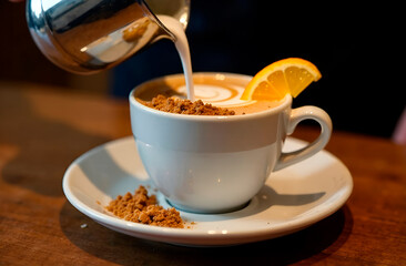 Coffee shake with orange zest and cane sugar. Pour milk into cappuccino cup