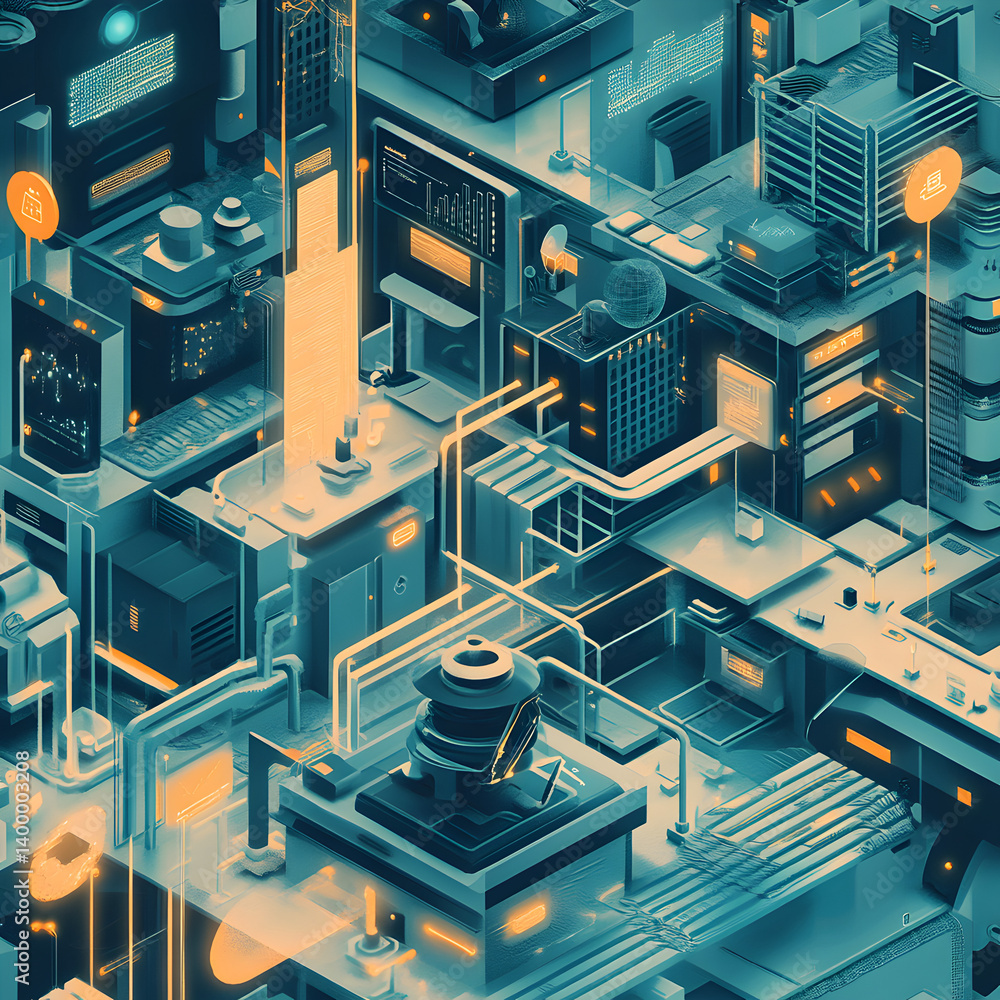 Poster automating digital business devices tech hub visual art futuristic environment aerial view digital t