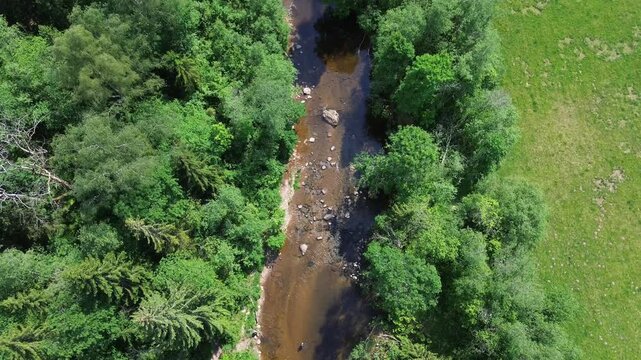 Ariel scene of river and rocks, while floating water