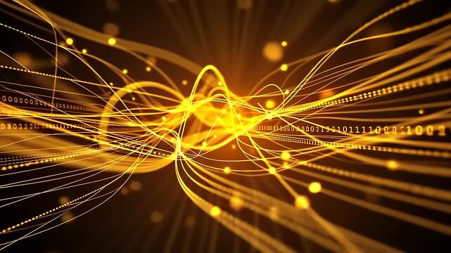 Abstract golden wave patterns with glowing lights and binary code in a dark background