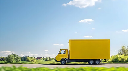 Yellow delivery truck driving on rural road, sunny day, countryside background; logistics, transport
